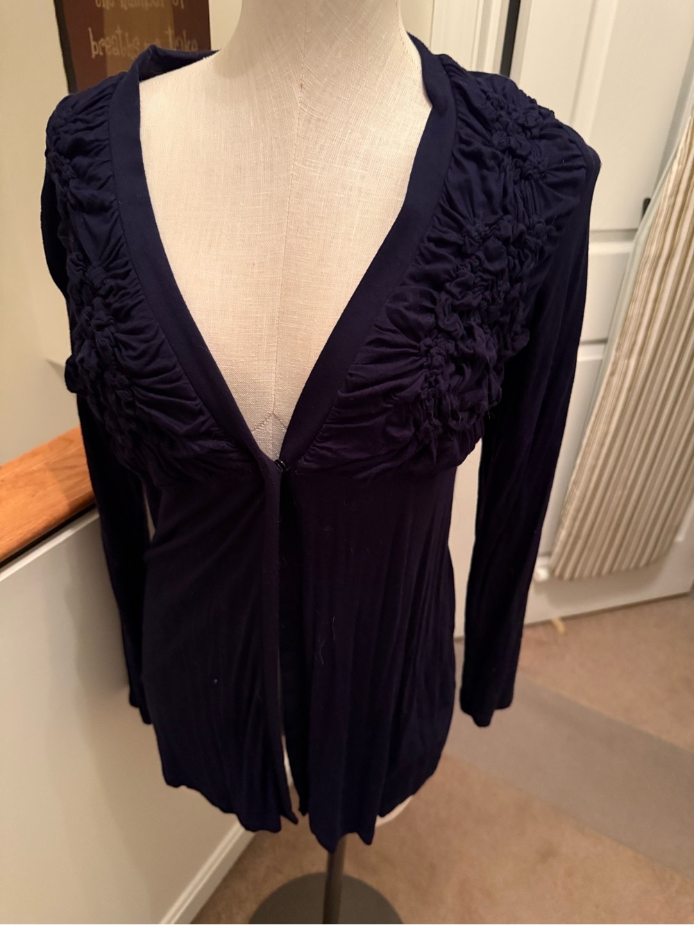 Kenar Navy Ruched V-Neck Long Sleeve Cardigan